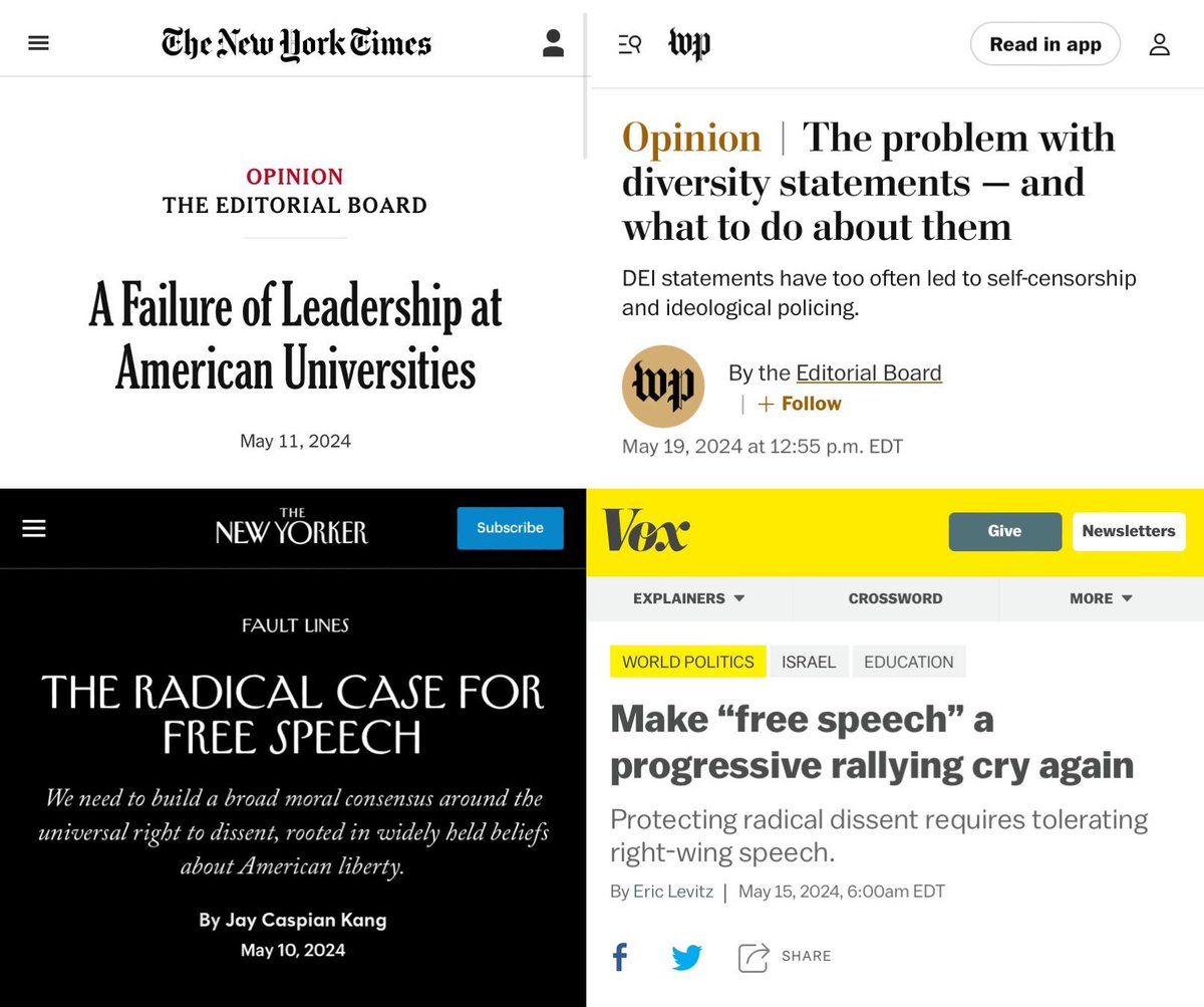 Is this the beginning of a free speech renaissance? NYT: “It has not gone unnoticed…that many of those who are now demanding the right to protest have previously sought to curtail the speech of those whom they declared hateful…Establishing a culture of openness and free