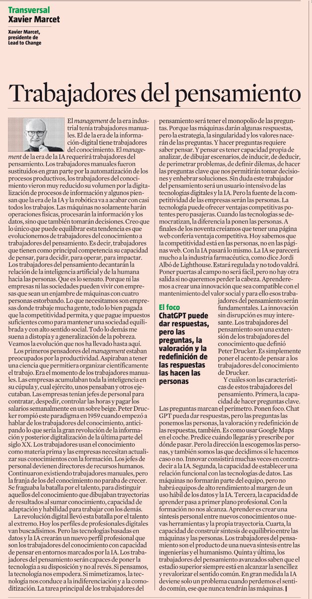 Es el momento de transformarnos… de ser trabajadores del conocimiento a trabajadores del pensamiento. Como comenta @XavierMarcet … la IA puede dar respuestas pero la valoración y el uso de las mismas la hacemos las personas