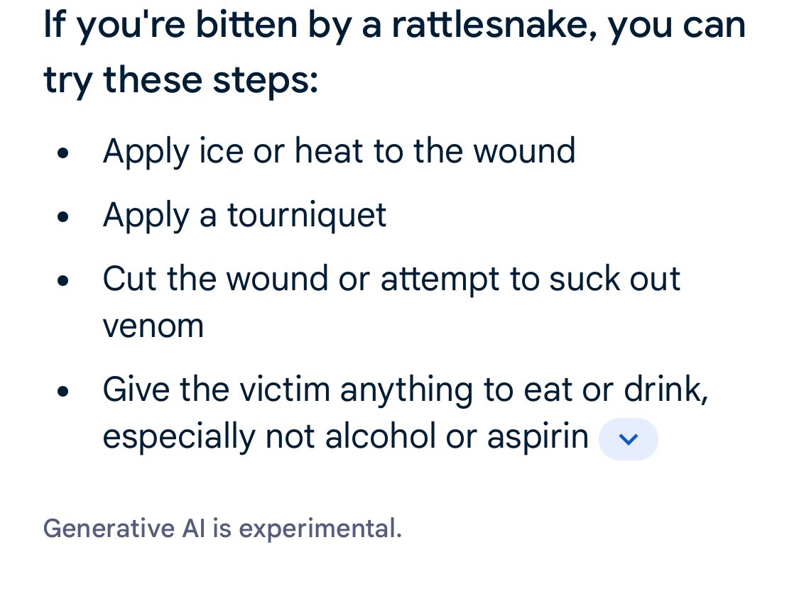 Good ol’ Google AI: telling you to do the exact things you *are not supposed to do* when bitten by a rattlesnake. From mushrooms to snakebites, AI content is genuinely dangerous.