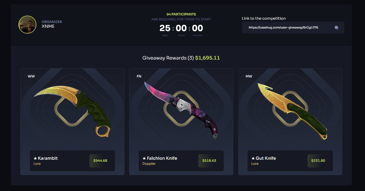 🎁CaseHug 1700$ Giveaway🎁 ❤️TO ENTER; ✅RT + Like ✅Deposit min $5 on code ''XNME'' casehug.com/r/XNME And Join:casehug.com/user-giveaway/… 🎁Random RT 10$ ⌛Will be announced soon #CSGOGiveaway #csgofreeskins #CSGO #csgoskinsgiveaway #CS2