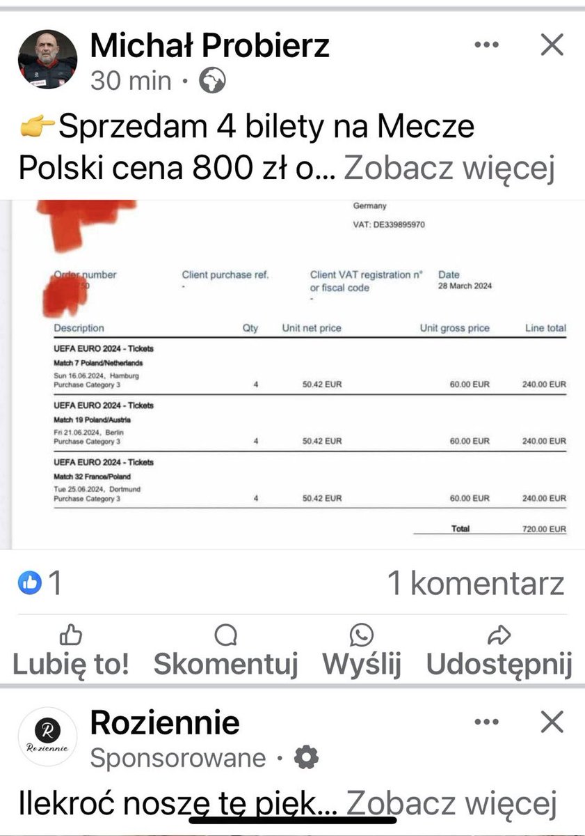 Szanowni Państwo, przestrzegam wszystkich przed oszustem, który podszywa się pode mnie na portalu Facebook i oferuje sprzedaż biletów na mecze mistrzostw Europy.  Profil został zgłoszony do administracji Facebooka, ale póki co nie został zablokowany. Sprawę kieruję na policję.