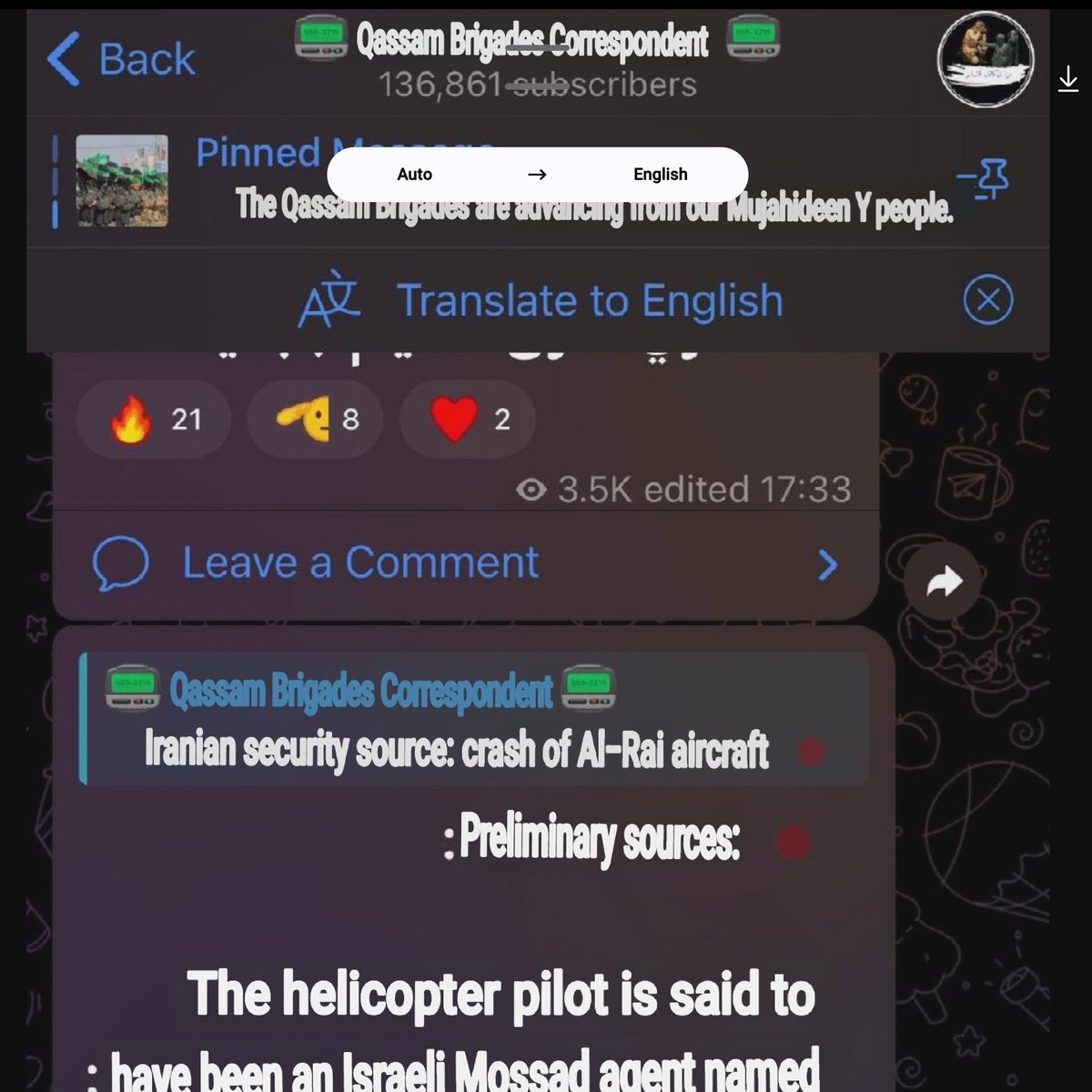 Hamas Telegram has picked up a joke that Raisi's pilot was a Mossad agent called Eli Copter and is pushing it as fact. These are the same geniuses that the mainstream media has been getting casualty numbers from for 7 months and publishing them without verification