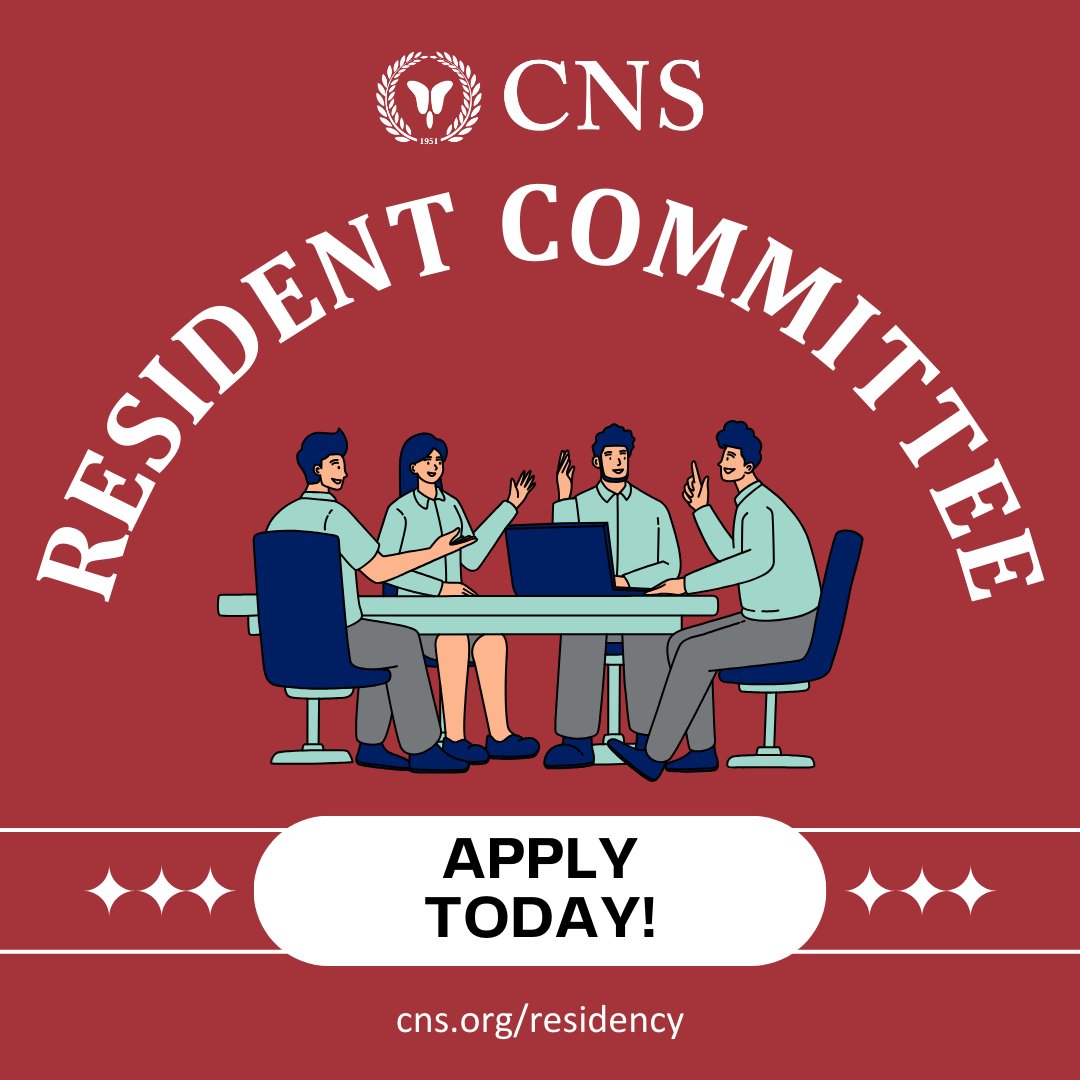 Are you a #resident looking for leadership opportunities? Apply for the CNS Resident Committee! Participants receive excellent opportunities for networking and building relationships within organized neurosurgery. Apps close June 30: bit.ly/3WKUXaA @cnsresidents #CNS