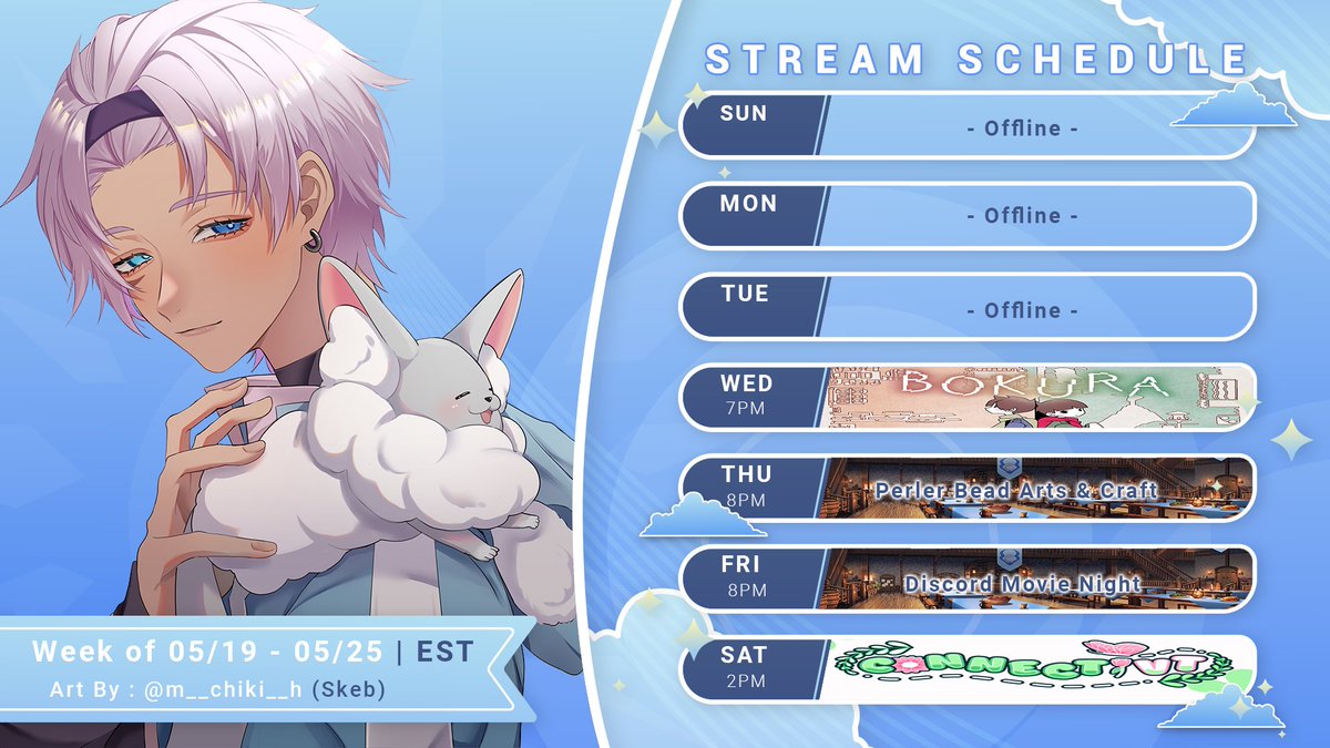 【WEEKLY QUEST LOG】05/19 - 05/25
⭐️⭐️⭐️⭐️ ★ ★ ★

Wednesday - Bokura w/ @felix_riziy 

Thursday - Perler Bead Arts & Craft

Friday - Discord Movie Night (Battle Royale)

Saturday - Participating in #ConnectiVT Charity Concert (on @RitaKamishiro's YT channel 2pm EST)

Art ‣