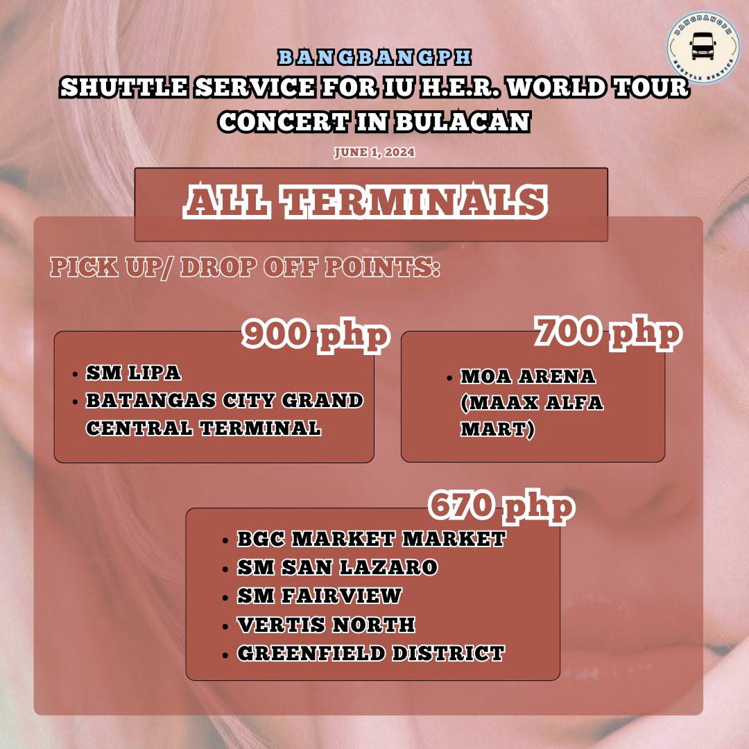 MAAENAS who are still looking for vanpool / shuttle services to PH Arena?   

We still have a few slots for the ff terminals!  

🏷️ lipa batangas moa bgc market market san lazaro fairview vertis north qc ortigas pasig mandaluyong boni iu concert
#HEREH_WORLD_TOUR_IN_MANILA