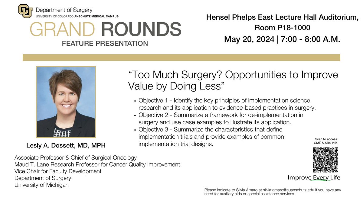 The final CU Department of Surgery Grand Rounds is tomorrow and features Lesly A. Dossett (@leslydossett), MD, MPH, associate professor and chief of surgical oncology @UMichSurgery! Can't attend in person? Tune in via Zoom here: ucdenver.zoom.us/j/271994266