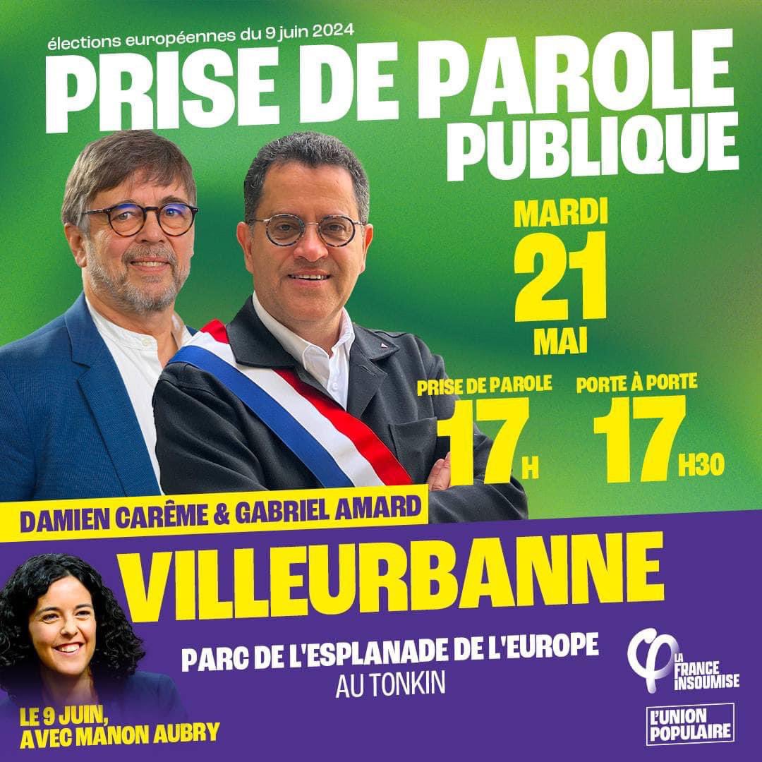 J’aurais le plaisir d’accueillir mardi 21 mai, à #Villeurbanne, @DamienCAREME , candidat de l’Union Populaire avec Manon Aubry. 📍Rendez-vous à 17h pour une prise de parole au parc de l’esplanade de l’Europe au Tonkin 📍Suivie d’un porte à porte géant à 17h30