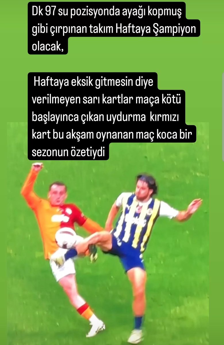 Bugün oynanan derbi koca bir sezonun özetiydi ne yazık ki bu takım Haftaya Şampiyon olacak öyle bir düzen kurulmuş ki haftaya eksik gitmemek için adamlara kart verilemedi herşeye rağmen Tebrikler Fenerbahçe