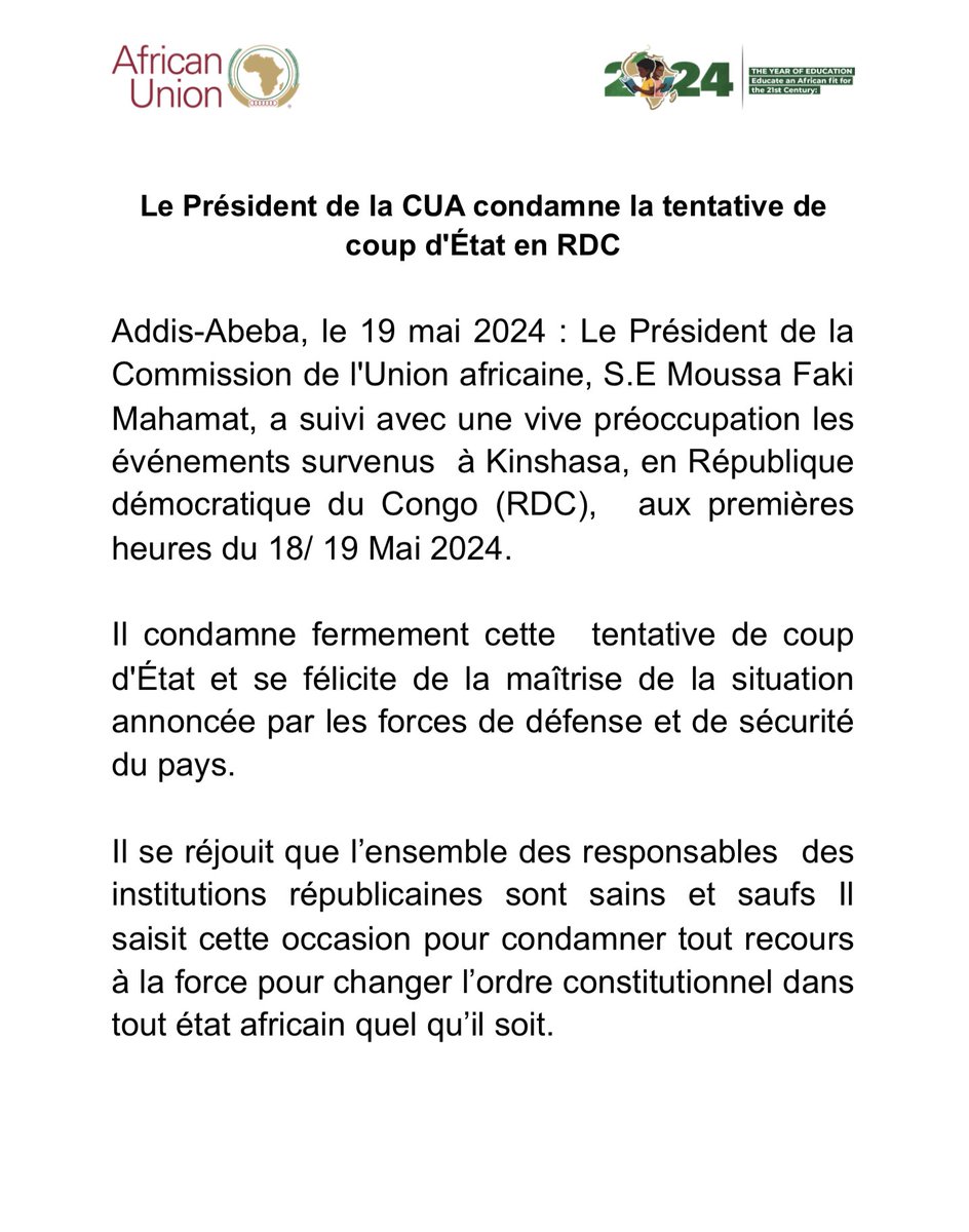 Le Président de la CUA @AUC_MoussaFaki condamne la tentative de coup d'État en #RDC au.int/fr/pressreleas…