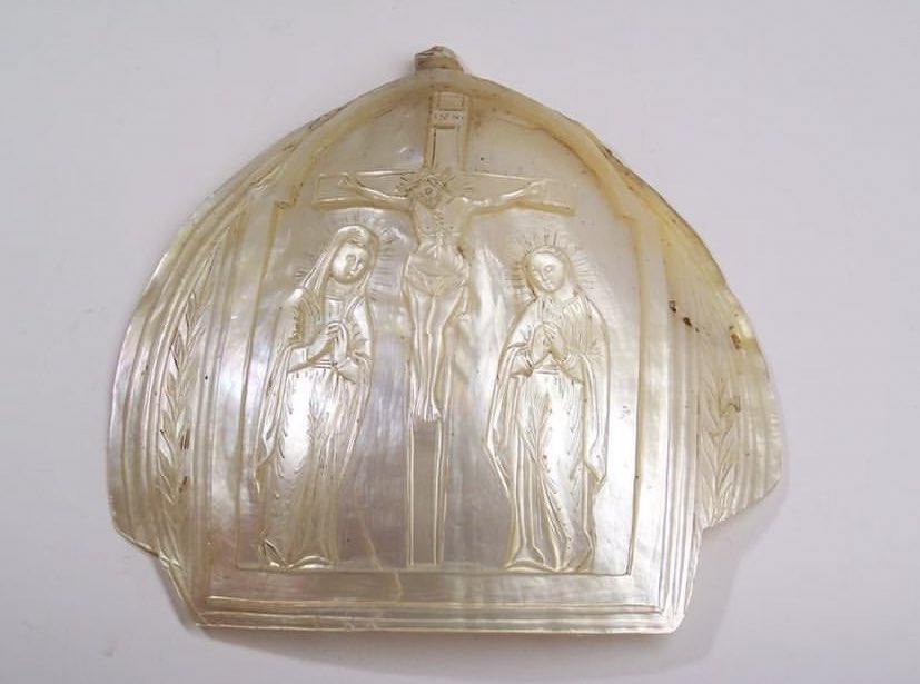 19th century mother of pearl hand-carved with the crucifixion