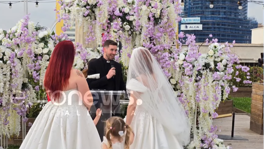 kos_data's tweet photo. 🇦🇱🏳️‍🌈 The first same-sex marriage ceremony in Albania took place today on the terrace of the Tirana municipality. 

Albania still does not legally recognize same-sex marriage. 

This event was viewed as a symbolic recognition of same-sex unions by the municipality of Tirana. https://t.co/fXSvWEWNMo