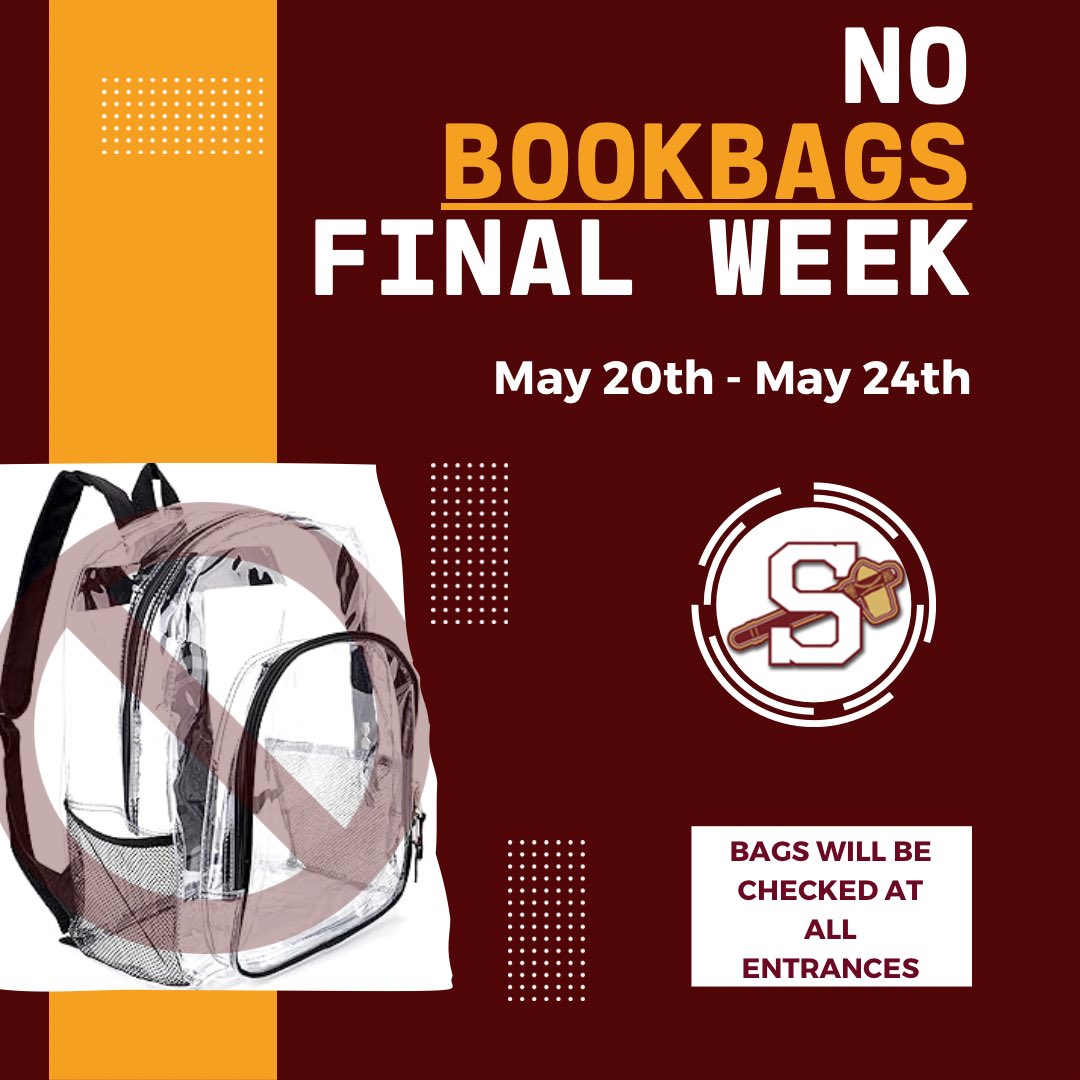 **REMINDER** SemiNole parents and students, please remember that students should not bring any bookbags/large purses to school this upcoming week 5/20-5/24; this includes clear bookbags!

Bags will be checked at ALL entrances.  @RockdaleSchools