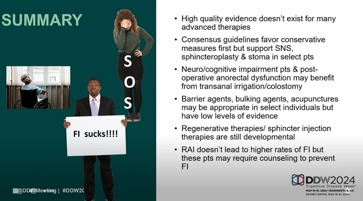 5) Treatment options for fecal incontinence:

▶️Long-term outcomes are durable for biofeedback for FI
▶️Advanced rx: barrier devices, bulking agents, SNS, surgical approaches, complementary therapies
▶️Receptive anal intercourse does not lead to more FI
