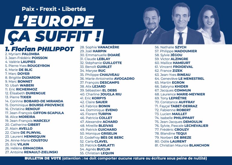 J'ai l'honneur et la fierté de vous annoncer que je suis candidat en vingt-septième position sur la liste d'union des souverainistes et des patriotes 'L'Europe, ça suffit !' de @f_philippot aux #Européennes2024. En avant pour faire gagner la France ! 🇨🇵 Notre bulletin de vote. ⤵️