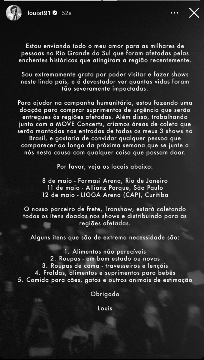 srjulha's tweet photo. RT @ltbrnews: UPDATE | Louis nos story demonstrando apoio ao Rio Grande do Sul e divulgando rede de coleta! 🥹 https://t.co/l9DAgvZocT