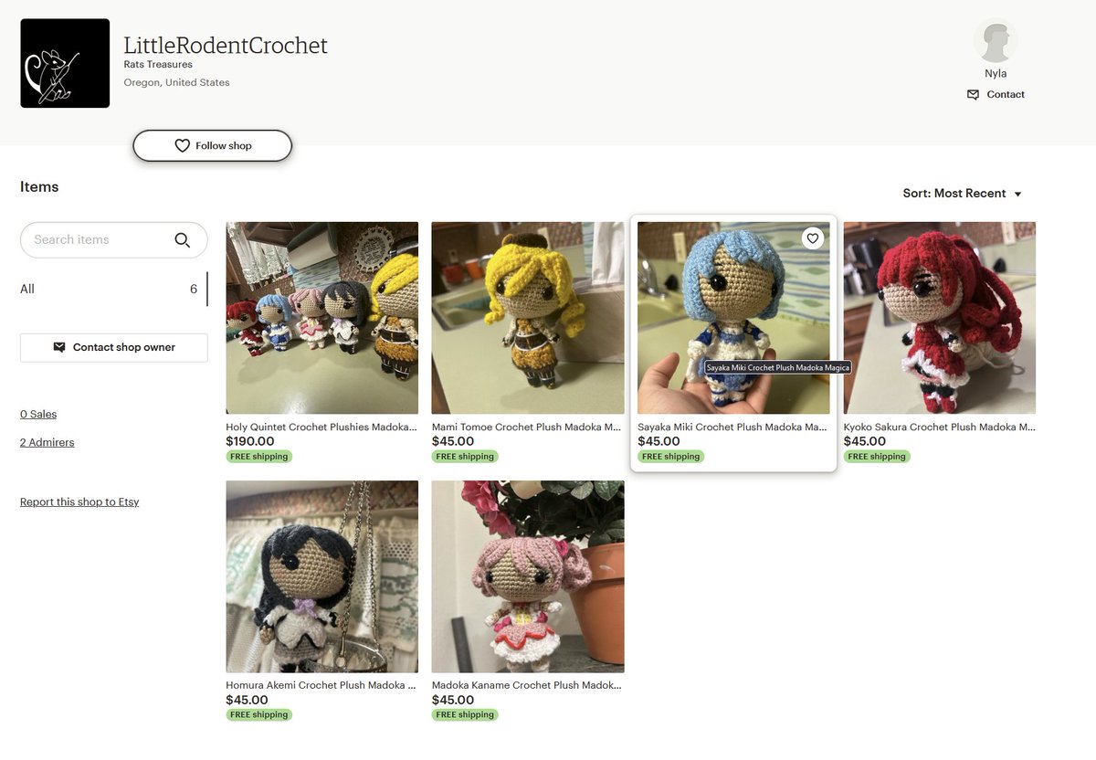 my great friend nylas etsy shop is up right now!!! rn there is madoka plushes up for 45 each if you are interested!!! etsy.com/shop/littlerod…