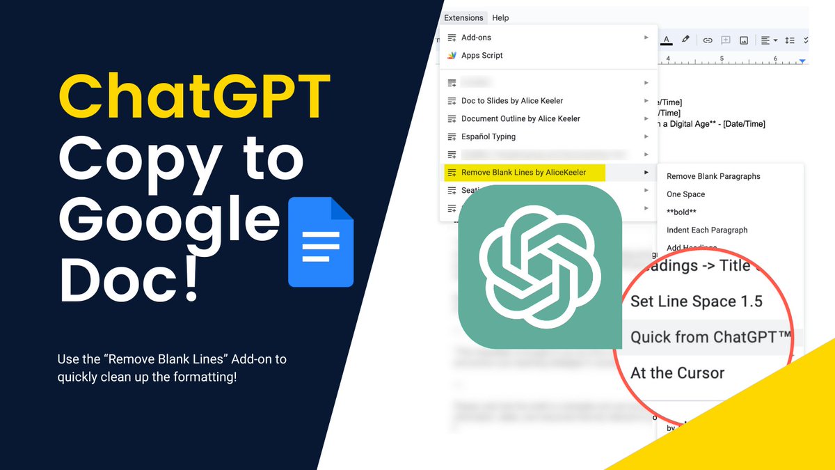 🖋️ Leverage ChatGPT for improved documents!

📄 After pasting into a Google Doc, simplify formatting with the 'Remove Blank Lines by AliceKeeler' Add-on.

🔗 Access it here: workspace.google.com/marketplace/ap…

#GoogleEDU