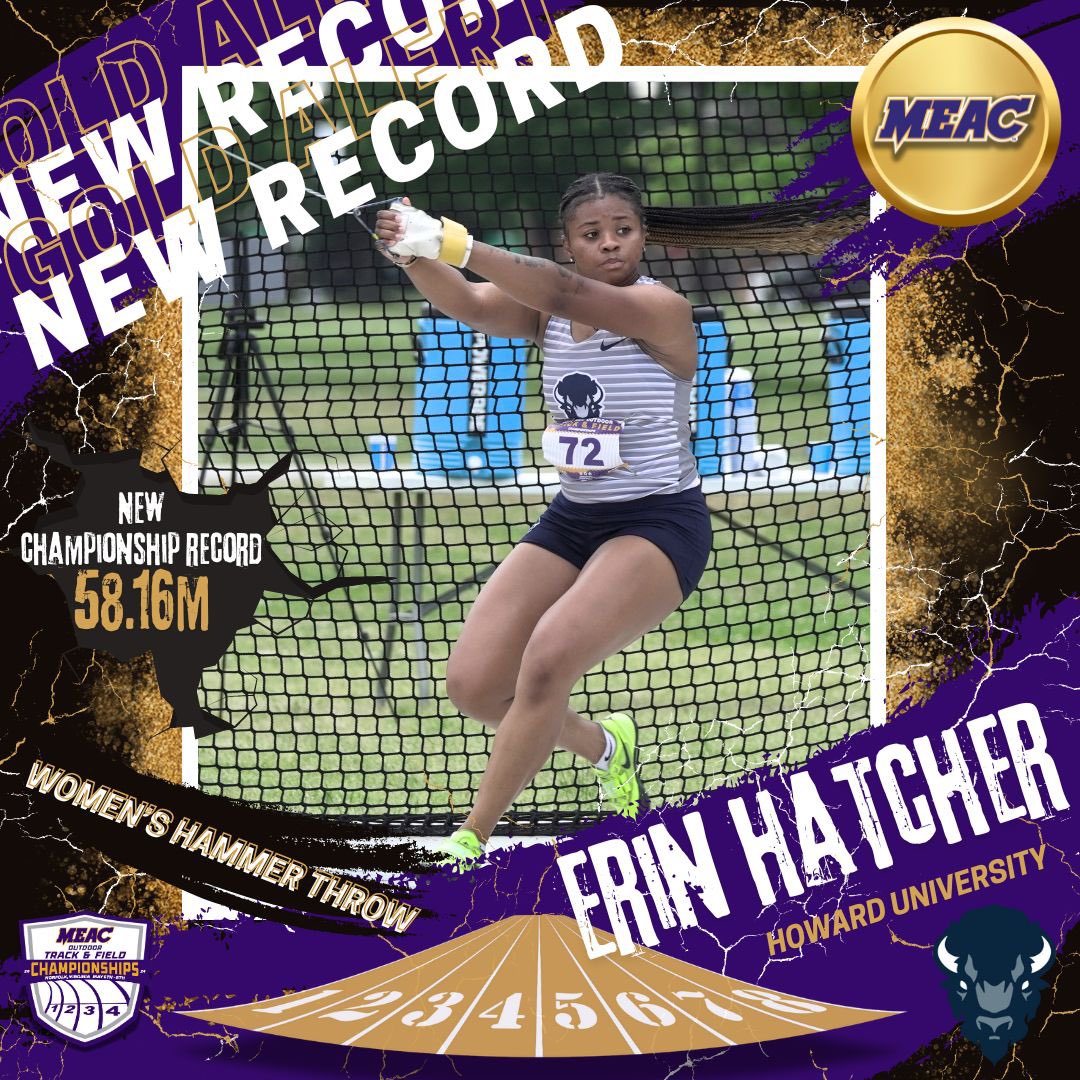 🥇𝐆𝐨𝐥𝐝 𝐀𝐥𝐞𝐫𝐭 Erin Hatcher is the winner of the Women’s Hammer Throw! Hatcher claims the title with a RECORD BREAKING 58.16m! #MEACPride | #RaceToTheFinish