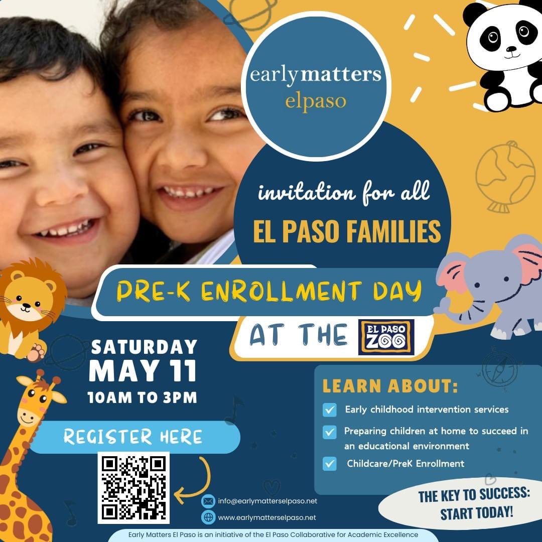 The El Paso community is invited to join El Paso ISD and Early Matters El Paso for Pre-K Enrollment Day from 10 a.m. to 3 p.m. Saturday, May 11, at the El Paso Zoo and Botanical Gardens. Learn more ➡️ bit.ly/Zoo_0507 #ItStartsWithUs