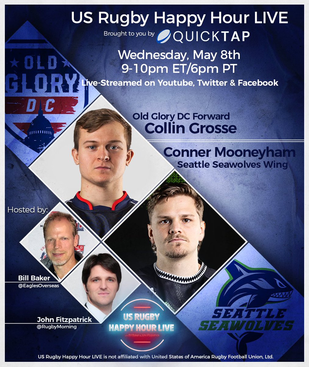 🚨 Tomorrow on US Rugby Happy Hour LIVE, two players hoping to make their senior debuts for USA this year, Old Glory DC’s Collin Grosse and Seattle Seawolves’ Conner Mooneyham! Let’s talk MLR and USA Eagles! Brought you by @quicktap_rugby! ⏰ Weds., 9pm ET/6pm PT