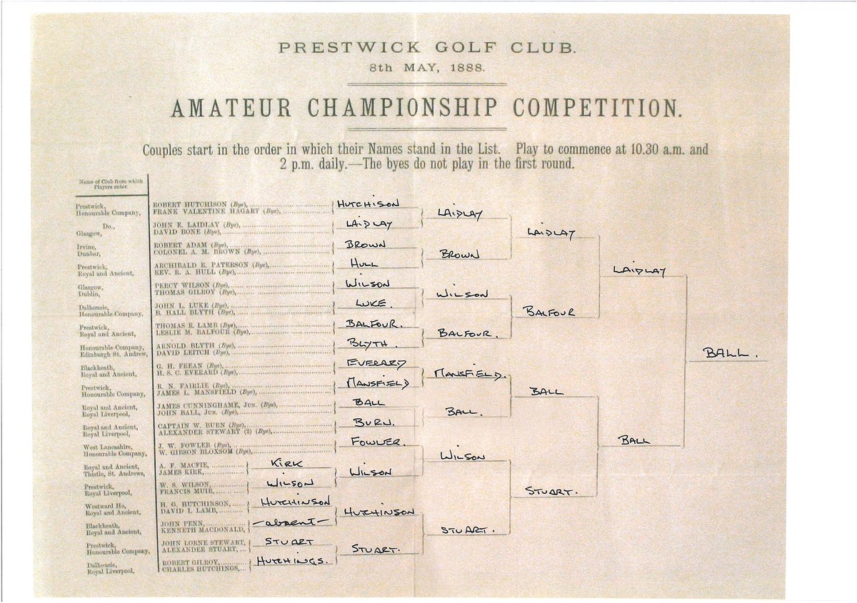 #OTD 8th May 1888 Prestwick  hosts its first @RandA The Amateur Championship, one of eleven played at the club. The winner was John Ball
Junior (who also won @theopen at Prestwick in 1890) with the most recent being Michael Hoey in 2001

@prestwickgc @prestwickgcpro 
#theopen