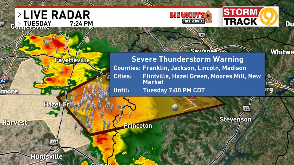 Weather Alert: Severe Thunderstorm Warning for Jackson & Franklin Co until 8pmET/7pmCT #CHAwx