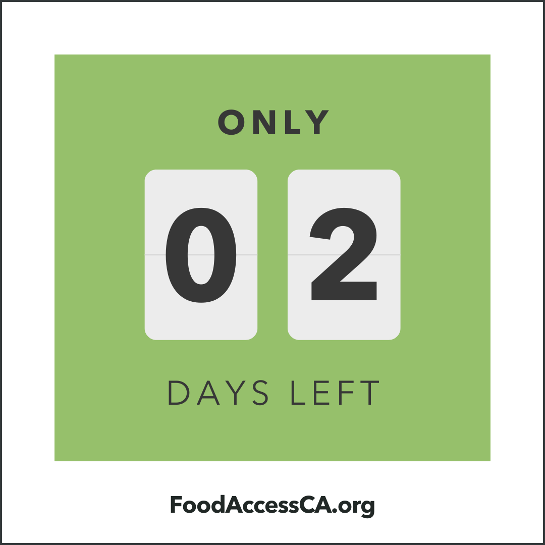 📣 Only 2 days left to register for Food ACCESS 2024! Don't miss your chance to join us in Sacramento on May 16–17. Let's make a real impact together! 🌟 Register by May 8th at FoodAccessCA.org. See you there! 🍽️ #FoodAccessCA #FoodAccess24