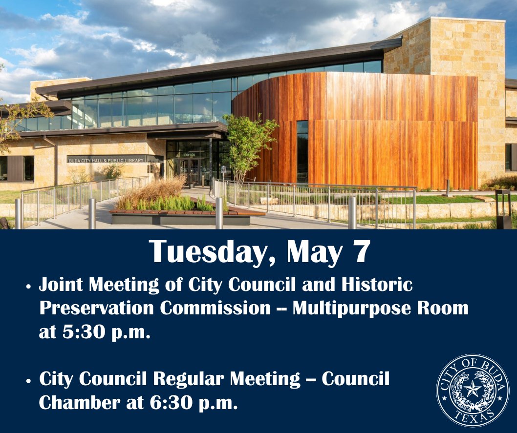 The #BudaTX #CityCouncil meeting is starting now!
Council may consider possible action on The Reserve located between Cole Springs and Old Black Colony Roads.
Tune in to see what decisions are being made on your behalf and view the agenda at BudaTX.gov/PublicMeetings