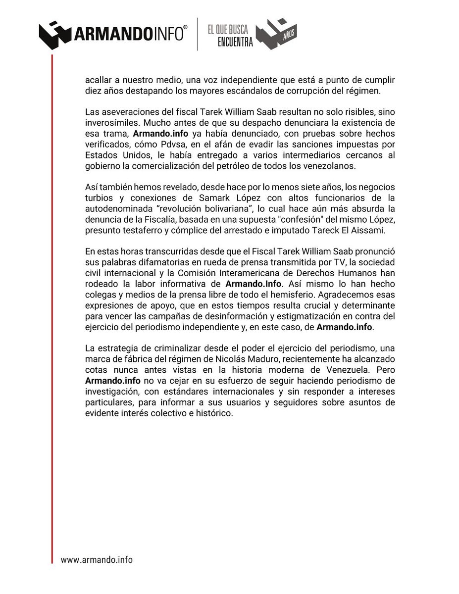 Ante la infamia de Tarek William Saab y la “justicia” chavista, en <a href="/ArmandoInfo/">Armando.Info</a> respondemos con más periodismo bit.ly/AiComunicado 👇👇