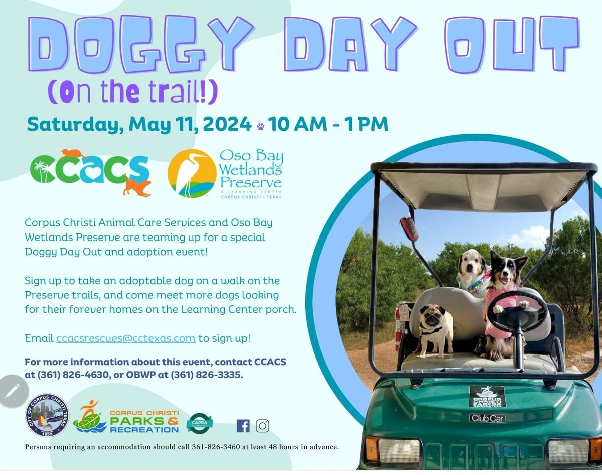 🚨#CommunityEvent #CorpusChristi #TX 
Here's a chance for some family fun, maybe a chance of pace, meet new friends. #DoggyDayOut 5/11 with #OsoBayWetlandsPreserve & #CCACS 
#AdoptDontShop #FostersSaveLives 
while there, ask about availability of dogs on list to be euthanized