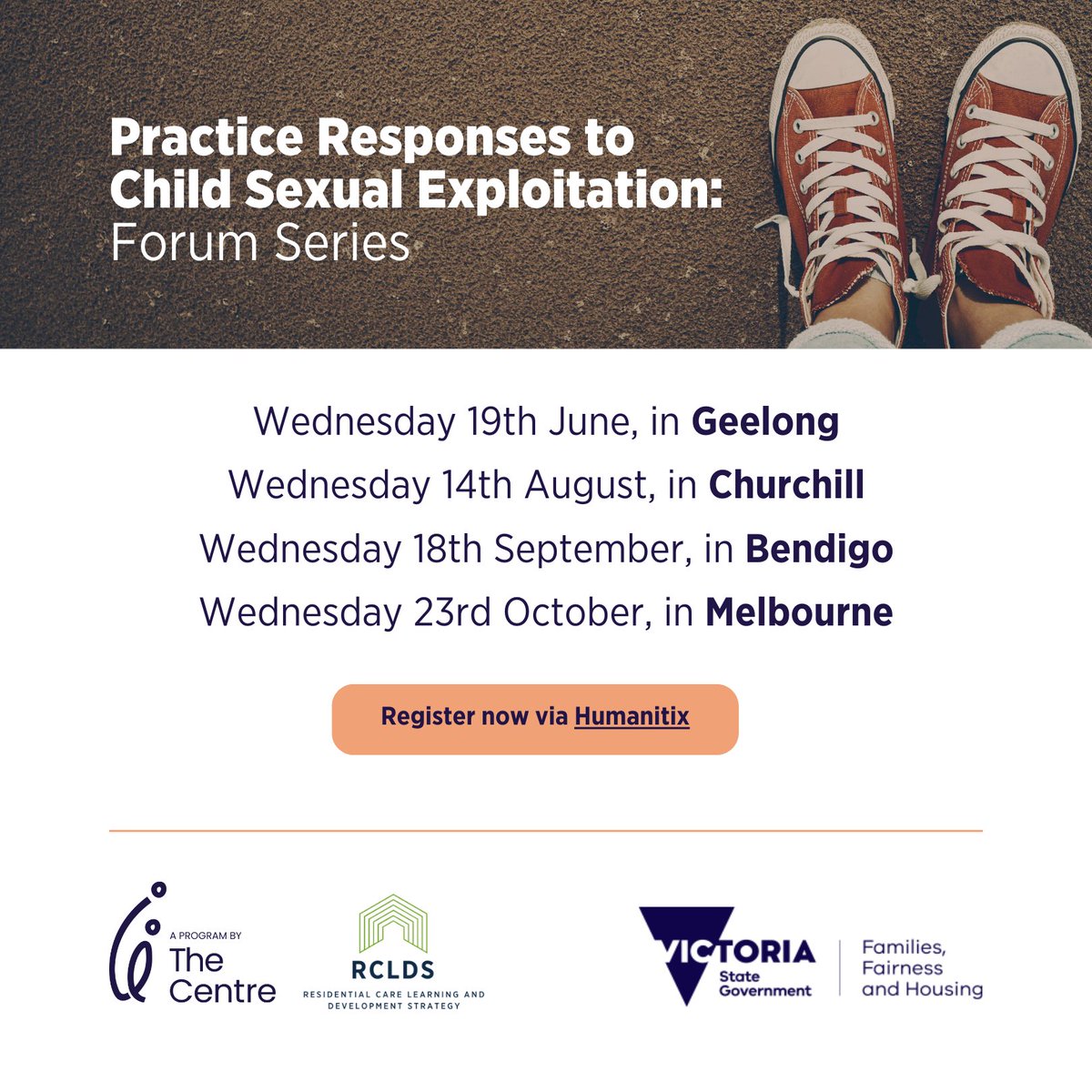 CFECFW's tweet image. 👉Practice Responses to Child Sexual Exploitation: Forum Series. Collaborative forum for all frontline child and family services sector workers. Facilitated by @LighthouseFdn, and representatives from #DFFH and @VictoriaPolice.

👋 ow.ly/6CCm50Rz49r