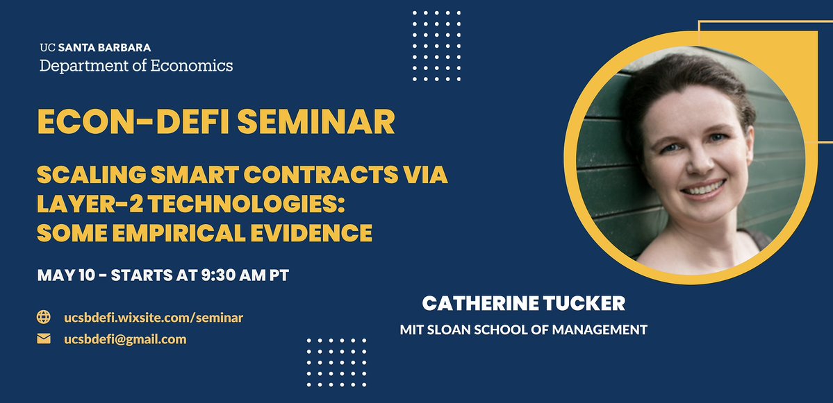 UCSBDeFi's tweet image. Scaling market contracts seminar is happening on this Friday 9.30am! Thank you @ce_tucker from MIT for holding! 馃憤
Join us through: ucsb.zoom.us/j/83534029174
#ucsbdefi #GradforGrad
