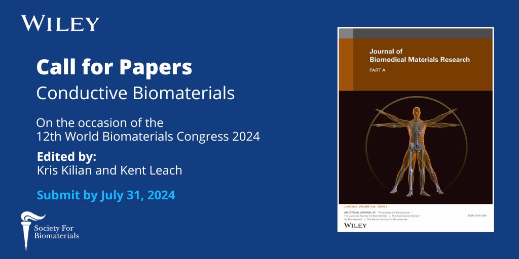 In association with the World Congress of Biomaterials @2024Wbc, I am excited to co-edit a special issue on 'Conductive Biomaterials' in @SFBiomaterials Journal of Biomedical Materials Part A with @KrisKilian. We look forward to your submissions!