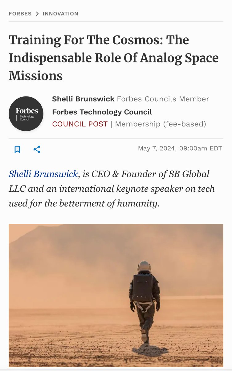 shellibrunswick's tweet image. Excited to share my latest @ForbesTechCncl article, &quot;Training For The Cosmos: The Indispensable Role Of Analog Space Missions.&quot;

forbes.com/sites/forbeste…

#ForbesTechCouncil #SpaceExploration #AnalogSpaceMissions #NASA #MarsMission #SpaceTraining #AstronautLife #FutureOfSpace