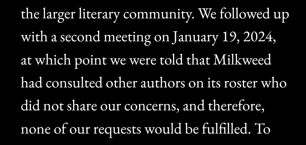 Much respect to you. And this is the part I'm stuck on: from PEN Am to SCBWI to @Milkweed_Books here, it's genuinely horrific to see these organizations root their neutrality on this genocide in the fact of some members being ok w/ genocide. This is how you normalize mass murder