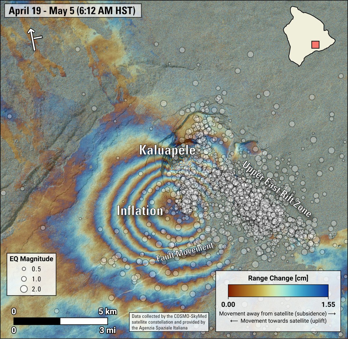 Great map from #USGS: “Map shows recent deformation at #Kīlauea from April 19 to May 5, 2024, as recorded by the Italian Space Agency’s (AGI) Cosmo-SkyMED satellite. Colored fringes denote areas of ground deformation, with more fringes indicating more deformation. 
🌋
 #HVO #HVNP