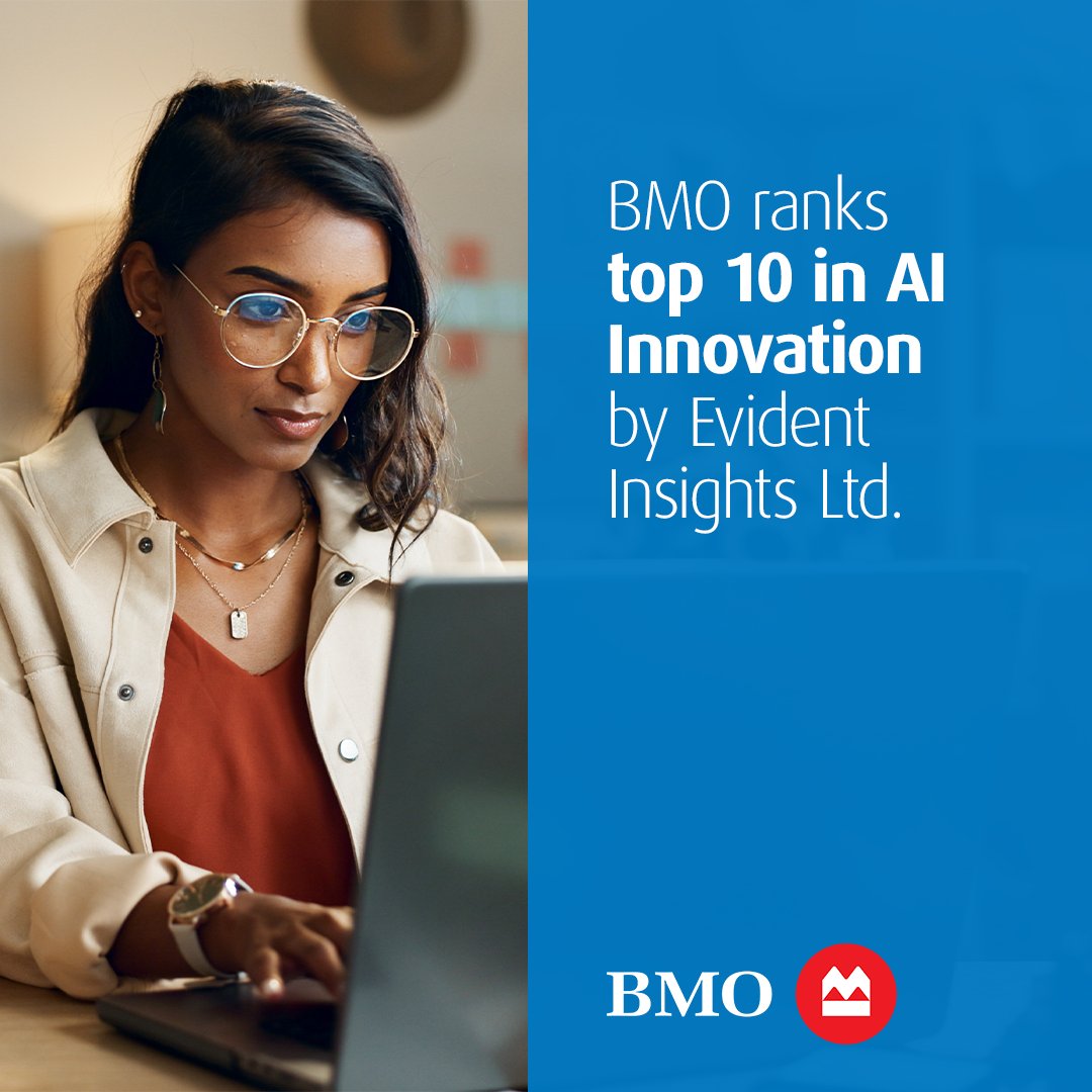 BMO has been recognized as a top-10 AI innovation leader in banking by Evident Insights Ltd. This recognition demonstrates BMO’s commitment to innovation and creating a digitally enabled, future ready bank! spr.ly/6011jl5xc #ProudToWorkAtBMO #BMOGrowTheGood