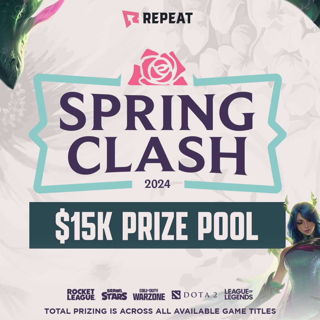 3 days left to compete in the Spring Clash on Repeat! There are $15,000 in prizes available across #RocketLeague, #Warzone, #BrawlStars, #LeagueOfLegends, and #PUBG, and we only count your 10 best games so you can join anytime and still win. Join now -> rpt.gg/springclashtw