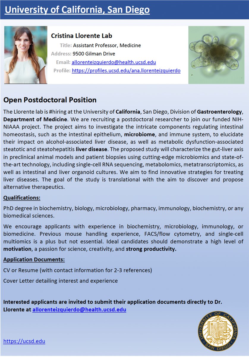 🔬 Exciting opportunity at Llorente Lab, UC San Diego! Seeking a postdoc to explore intestinal homeostasis & liver diseases. PhD in biomedical sciences? Apply now! Submit CV & cover letter at allorenteizquierdo@health.ucsd.edu. #research #postdoc #UCSanDiego