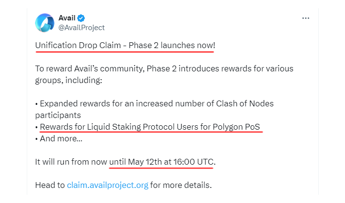 Crypto_Pranjal's tweet photo. Avail Unification Drop - Phase 2 is Live! 🪂

Check your latest allocation here: https://t.co/8Hdg56yJp5

Phase 2 introduces rewards for various groups, including:

🔹 An increased number of Clash of Nodes participants.
🔹 Rewards for Liquid Staking Protocol Users for Polygon PoS.

Claiming is open until May 12th at 16:00 UTC.