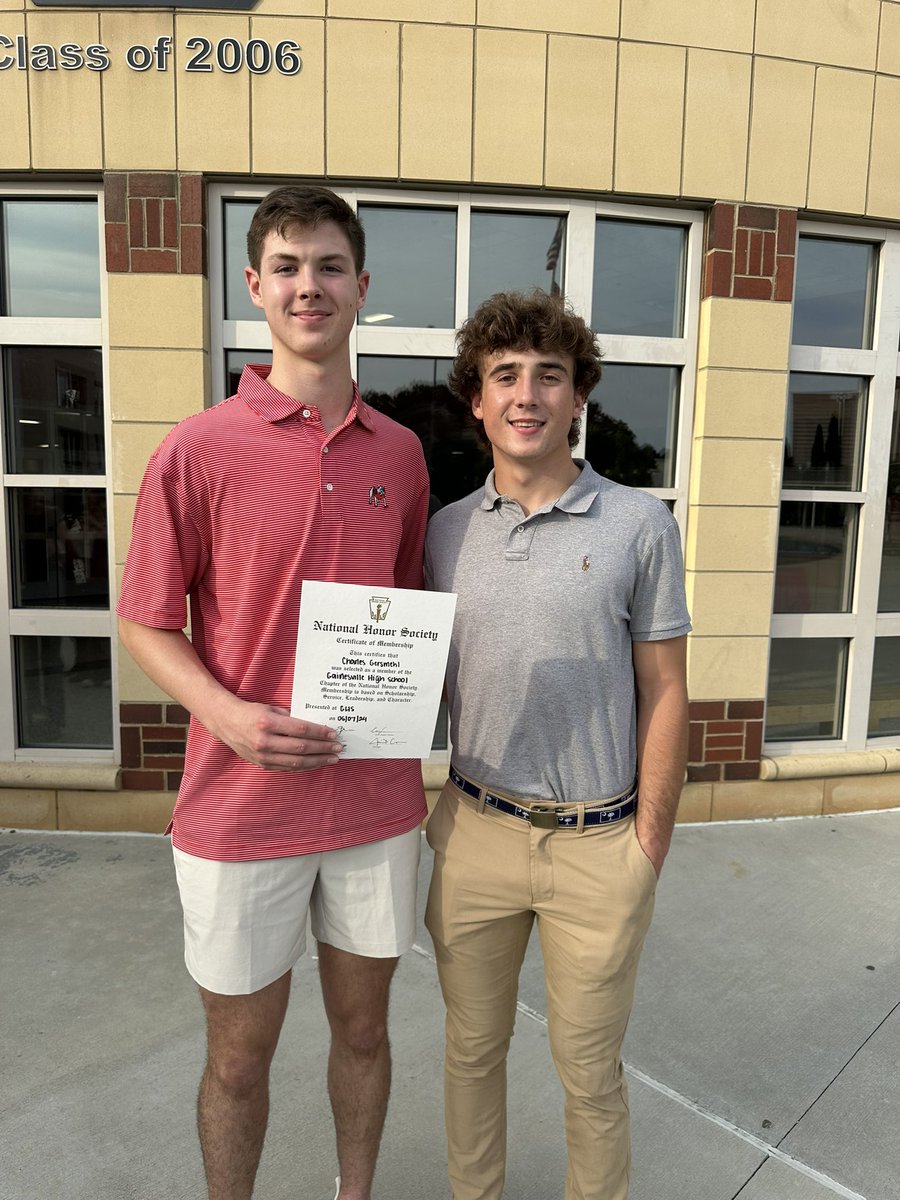 Congratulations to two of our student-athletes, @JacobAGriffin25 & @Charlie_Gersh for being selected to the @GCSS_GHS Chapter of the National Honor Society. Job well done, fellas! #Service #Sacrifice #Respect #GoBigRed 🔴🐘