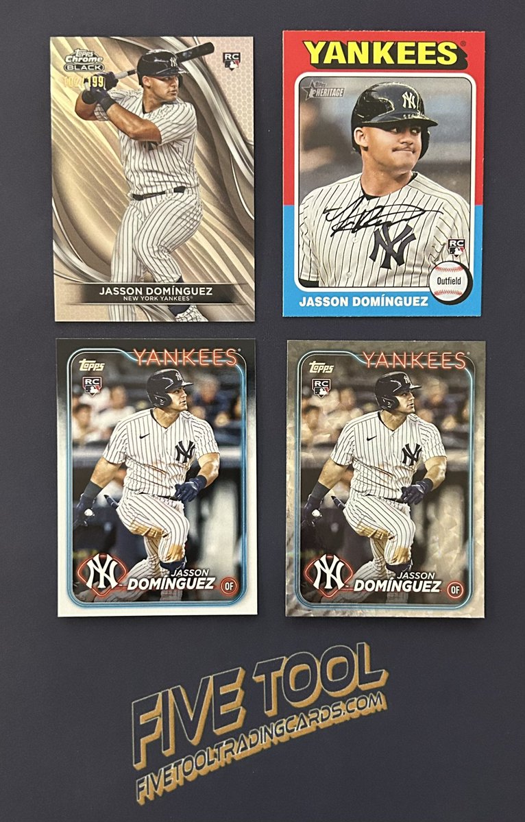 Jasson Domínguez

Top left: Chrome Black Refractor /199 - $60
Top right: Heritage - $2
Bottom left: Base - $1
Bottom right: Silver Crackle - $20

$2 NME / $5 BMWT (US)

#Yankees #MLB #NewYorkYankees #baseballcards #JassonDomínguez #Topps #ToppsBaseball #TheHobby #baseball