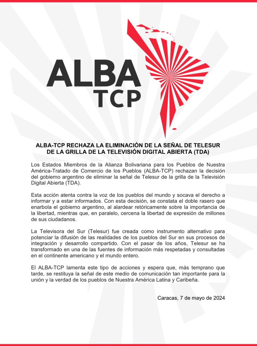 Nuestra @ALBATCP se pronuncia sobre la decisión del gobierno argentino de eliminar la señal de @teleSURtv. Con esta decisión se constata el doble rasero que enarbola el Presidente argentino, al alardear retóricamente sobre la importancia de la libertad, mientras que, en…