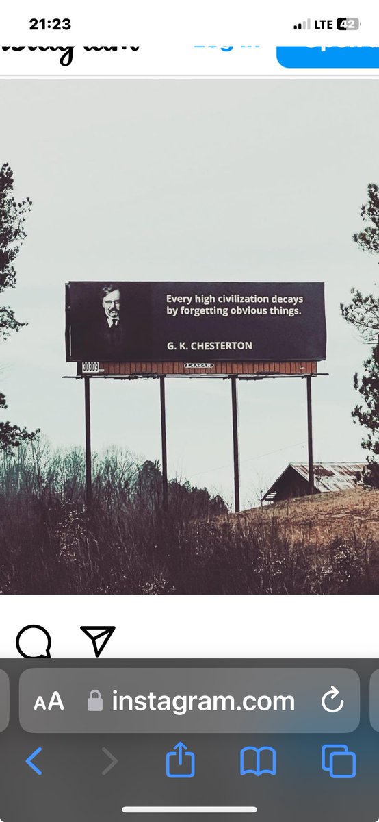 We saw this billboard (not our photo though) as we approached Bristol, VA/TN.  Leaving the area, there was another - different Chesterton quote. No indication who sponsored it.