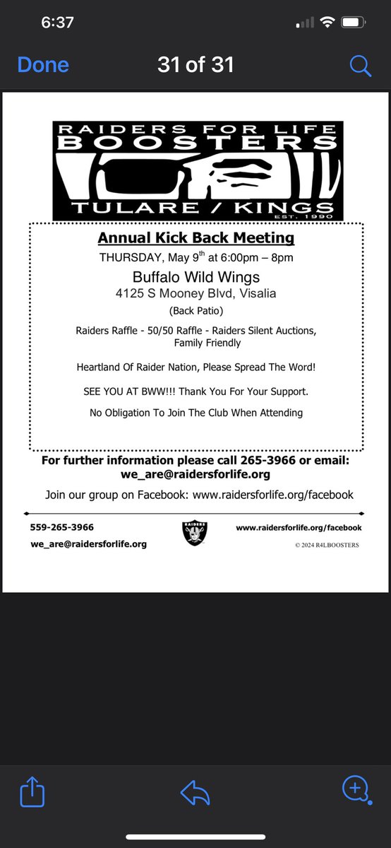 EZepeda61's tweet photo. Please Spread the word in the Visalia Ca area, Thurs May 9 6pm to 8pm Raider Party at Buffalo Wild Wings, Raider Raffle, 50/50 Raffle, Raider Silent Auctions, Family Atmosphere, No Obligation  To Join The Club When Attending,See You At Buffalo Wild Wings,GO RAIDERS!!! 🙌🏼💪🏼🤍🖤❤️ https://t.co/hbIDpS7hlt