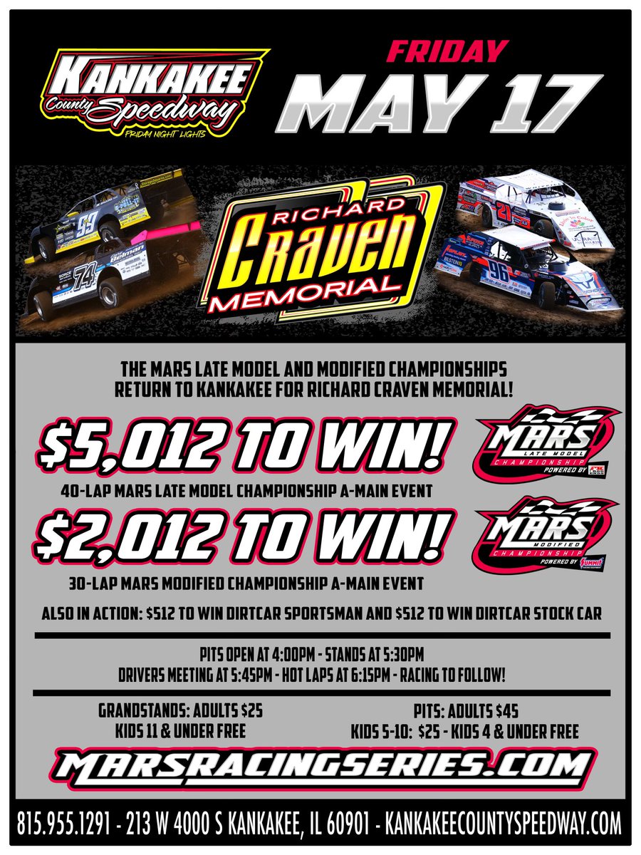 In just over a week the MARS Championship tours return to action at @KankakeeSpdwy in Kankakee, Illinois for the inaugural Richard Craven Memorial! For more information visit marsracingseries.com.