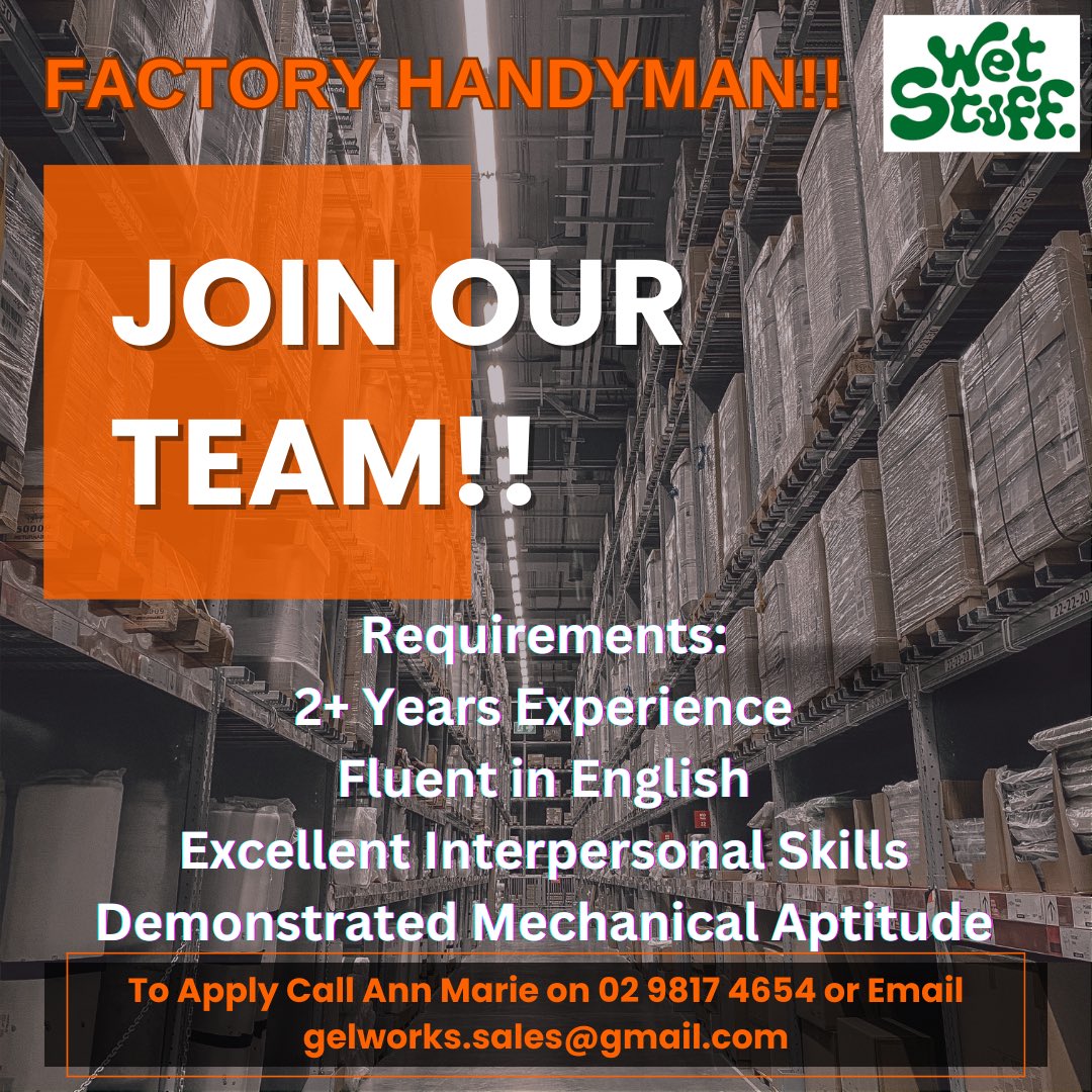 🌟 🌟 WORK OPPORTUNITY 🌟 🌟 

FACTORY HANDYMAN ROLE - Join Our Team!!

#sydneyjobs  #rousehill #workopportunities #cityofsydney #jobsjobsjobs  #sydneybusiness #recruitment #nswjobs #manufacturing