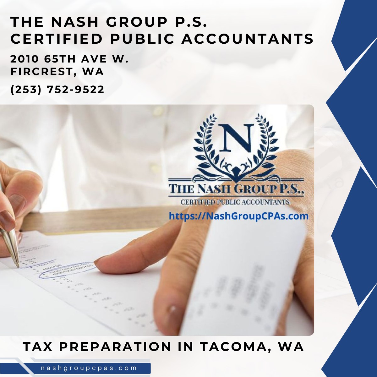 Tax Preparation in Tacoma, WA - The Nash Group P.S., Certified Public Accountants.

nashgroupcpas.com/tax-preparatio…

The Nash Group P.S., Certified Public Accountants
2010 65th Ave W.
Fircrest, WA 98466
(253) 752-9522

maps.google.com/maps?ll=47.241…

#TaxPreparation #TaxPreparationTacomaWA