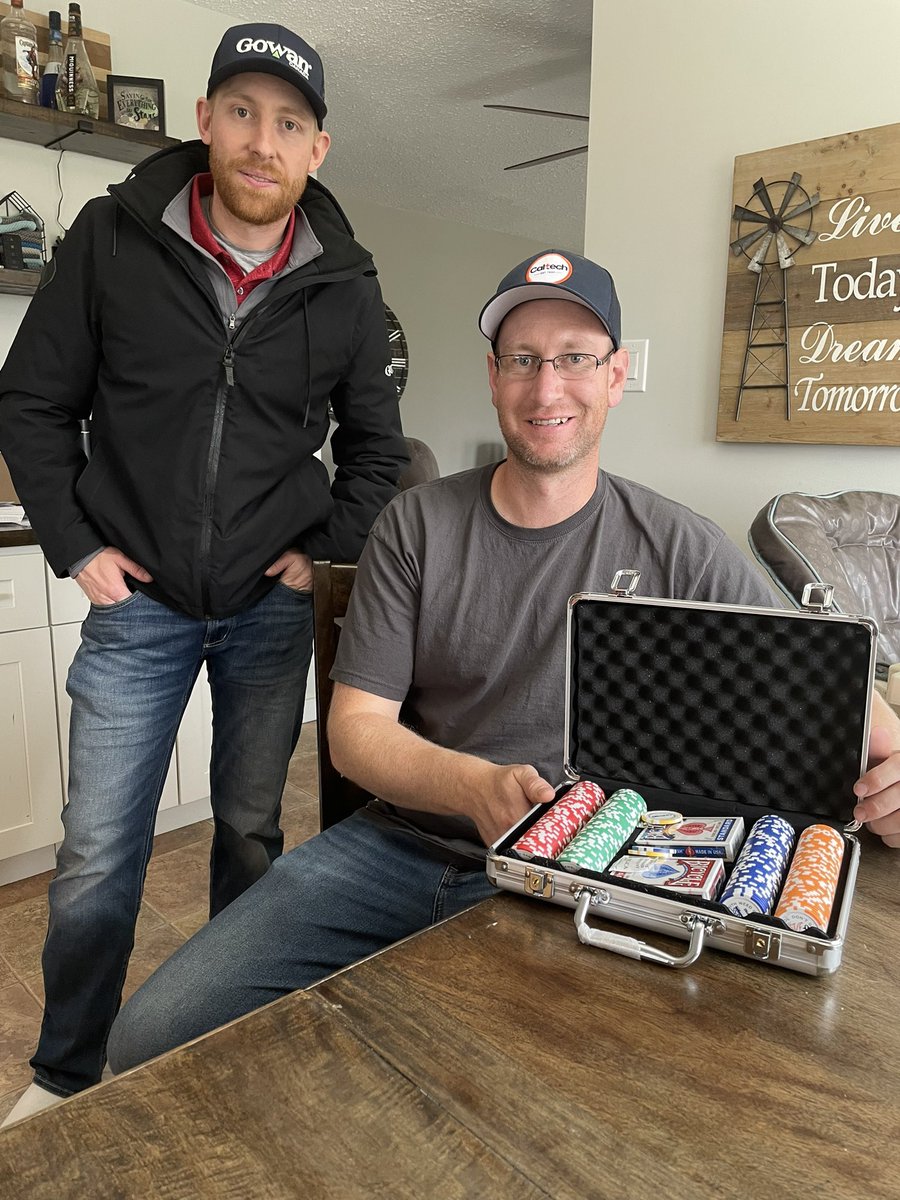 Rain day! 🌧️ @DeobaldPhil dropping off a poker set with @SWT @brylan_radtke to grower - Trevor Froese. Congrats Trevor! Trevor early booked his Insight early & was entered to win a poker set! @gowancanada #InsightFastestBurndown