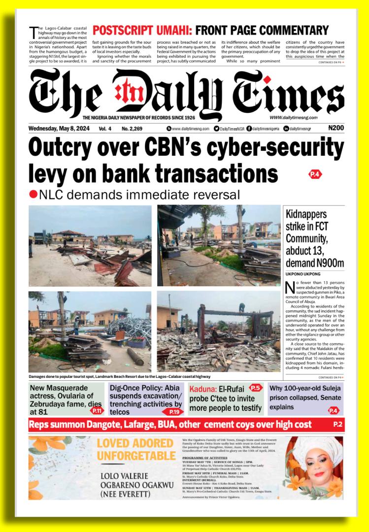 #HeadlineNews #coverstories #DailyTimesNGR #NewsUpdate #newsstories #viralpost #newsfeed #news #viralreels #matterarising #Nigerianewspapers #MetGala #BambiThug #스키즈_멧갈라_축하해
